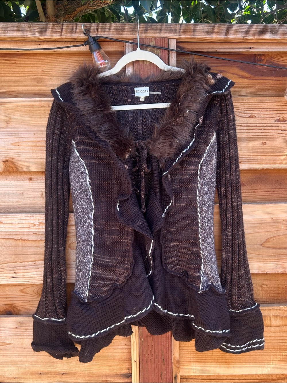 Y2K Sioni Studio Brown Wool Mohair Faux Fur Ruffle Trim Open Cardigan Medium